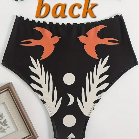 New One-Shoulder Boho Black and Orange High Waist Full Coverage Swim Set - Picture 6 of 14